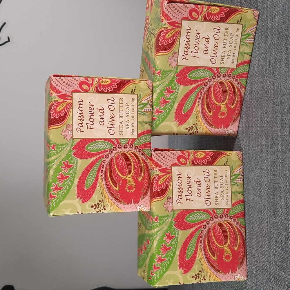 Passion Flower Olive Oil Shea Butter Bath Shower Soap Set Three Bars 10oz NWT